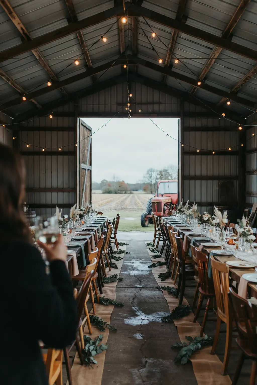 Fall outdoor wedding rain plan in a cleared machine shed with string lights along the rafters