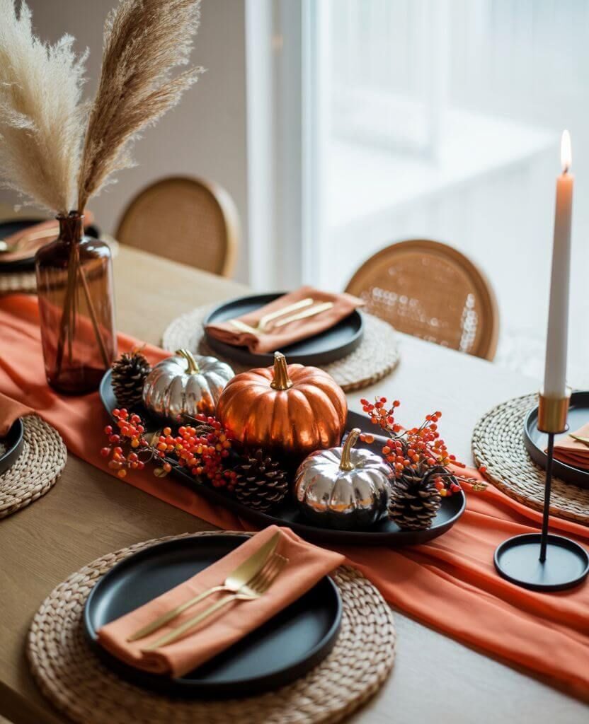 Modern Thanksgiving table setting with metallic pumpkins, orange table runner, pampas grass, and candle centerpiece.