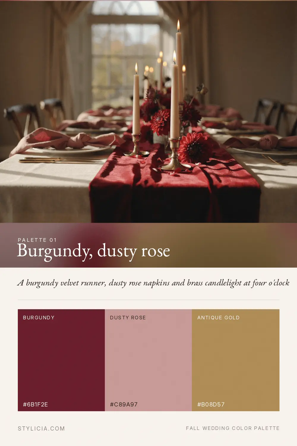 Burgundy, dusty rose and gold fall wedding color palette for a low-light ceremony