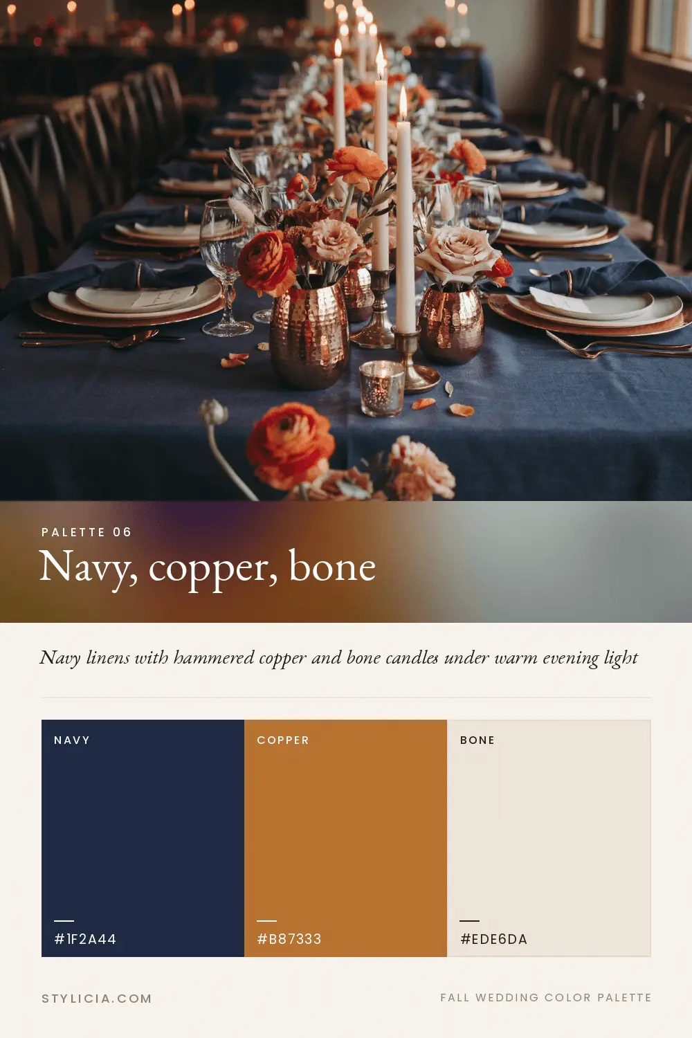Navy, copper and bone fall wedding color palette with a warm anchor
