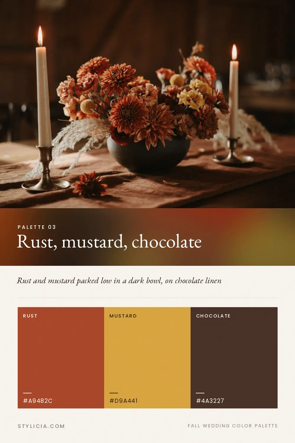 Rust, mustard and chocolate brown fall wedding color palette