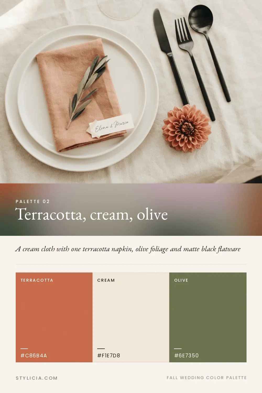 Terracotta, cream and olive fall wedding color palette on an autumn reception table