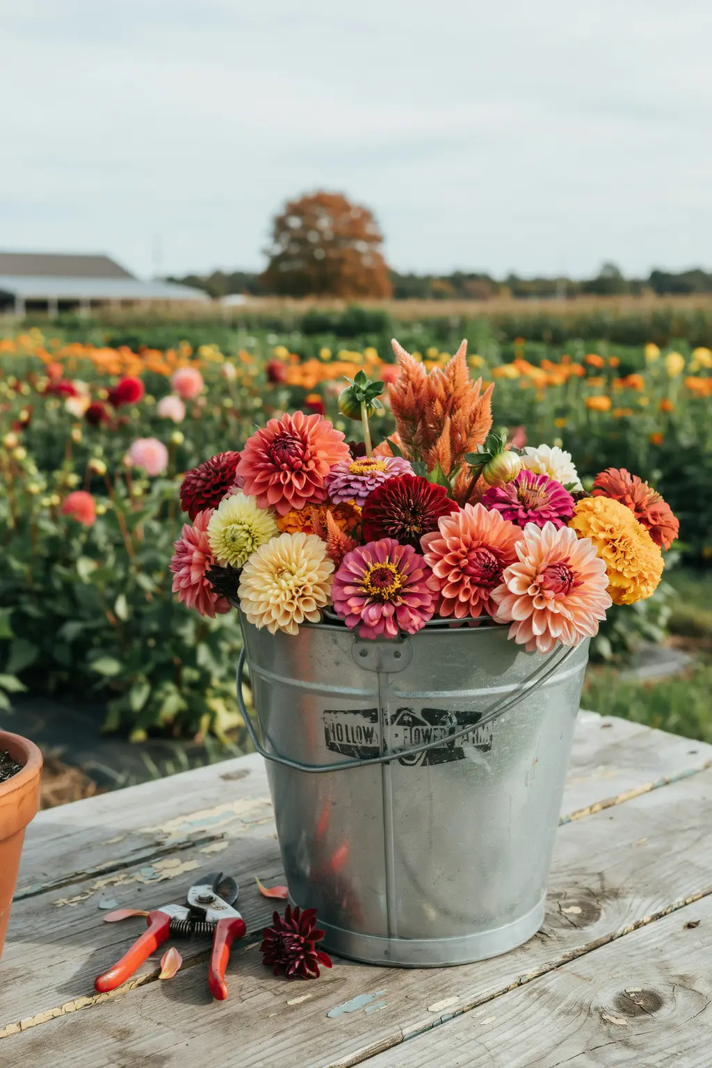 Fall wedding flowers straight from the farm: a five-gallon bucket of dahlias, zinnias, celosia and marigolds in September