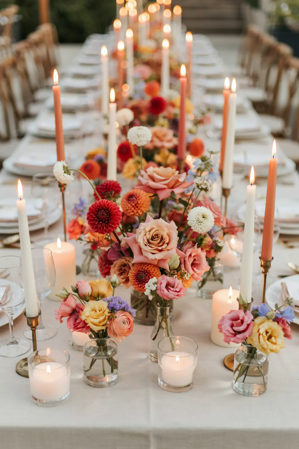 Fall wedding flowers spread down a long table in clear glass bud vases, three or four stems per grouping