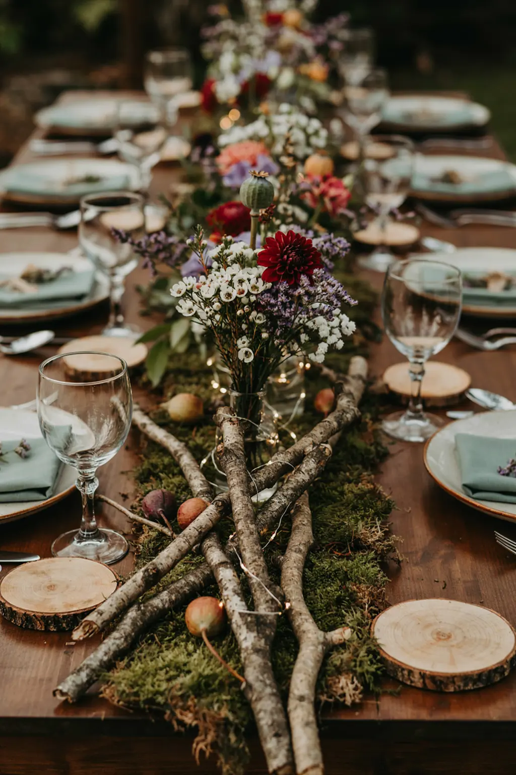Fall wedding flowers with seed pods and fruit: poppy pods, crabapple branches and small pears wired into an arrangement