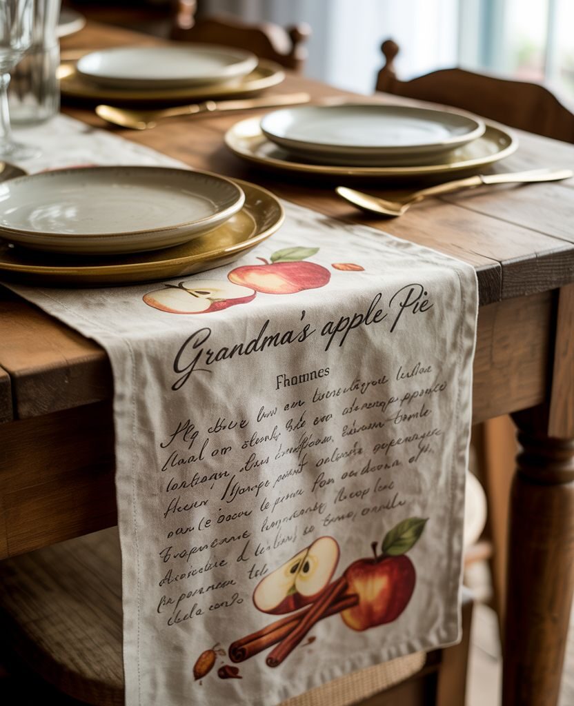 Thanksgiving table setting with family recipe table runner featuring Grandma’s apple pie — cozy and sentimental fall decor idea.