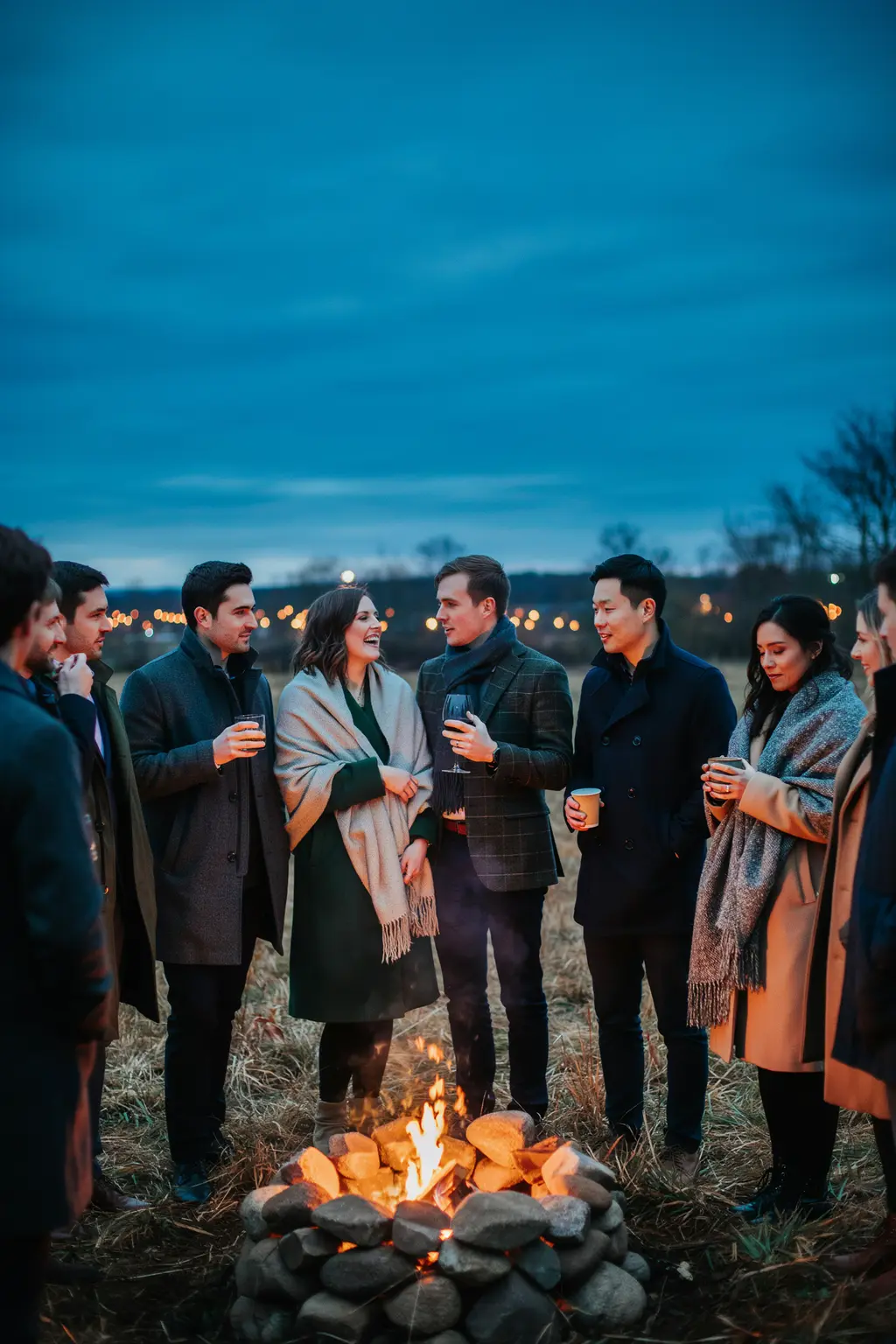 Fall outdoor wedding lighting after dark with warm café string lights over long tables