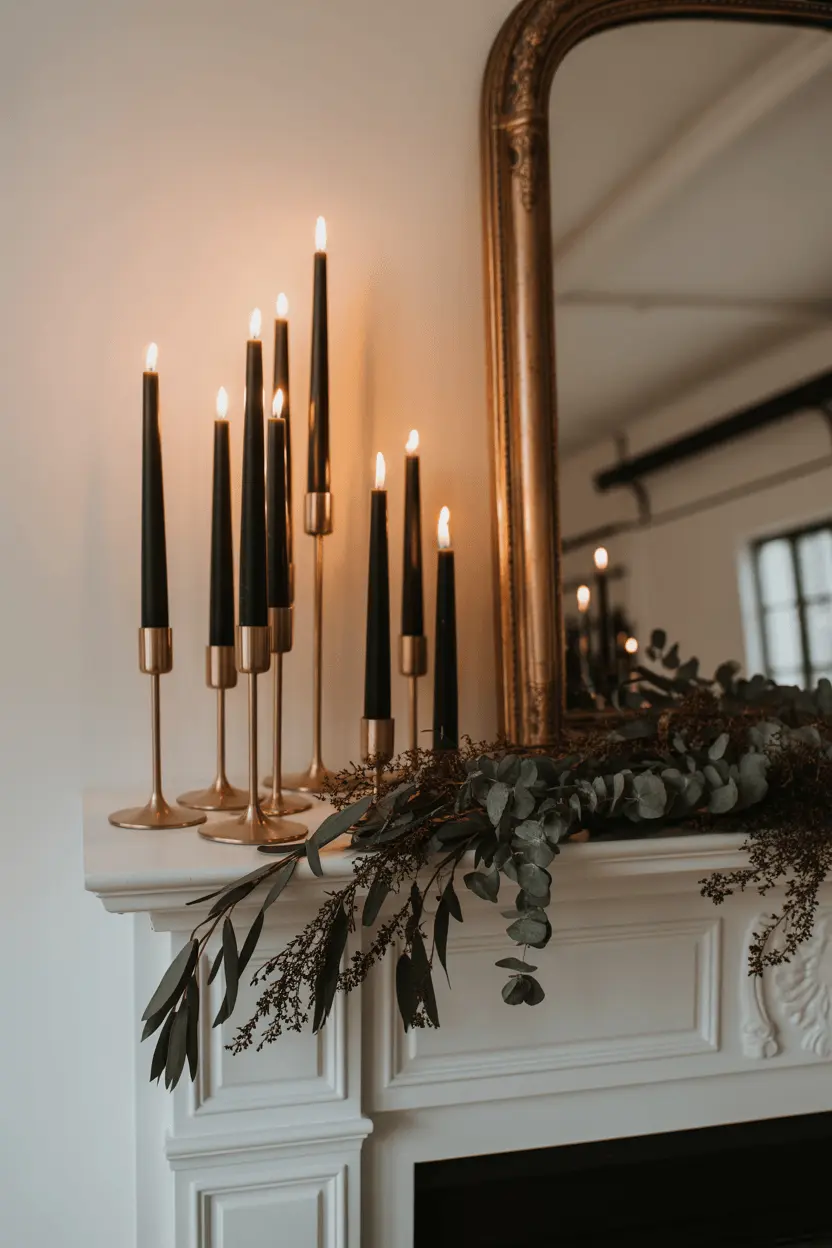 Elegant Halloween decor on a mantel with asymmetrical brass candlesticks and dried garland