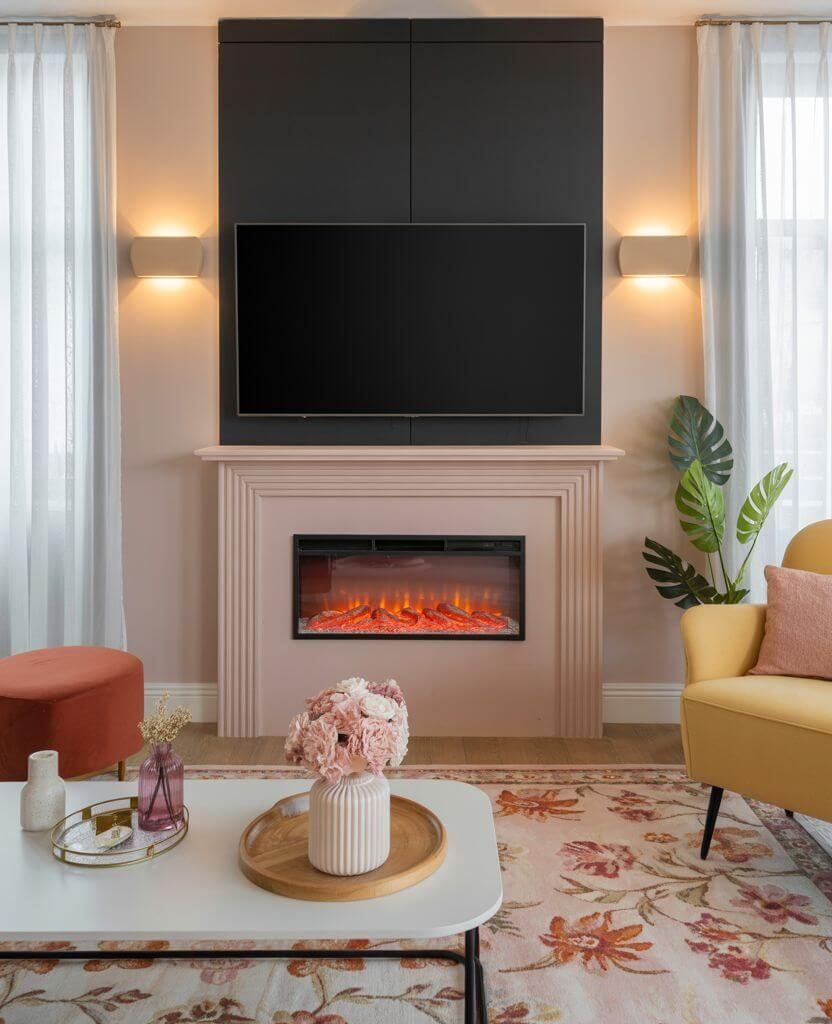 Fireplace with lights on each side — built-ins and sconces creating harmony and soft ambiance in modern homes.