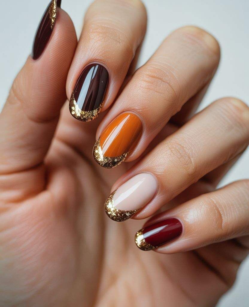 French tip fall nails with burgundy, burnt orange, nude, and deep red polish finished with gold glitter tips – elegant autumn nail design 2025