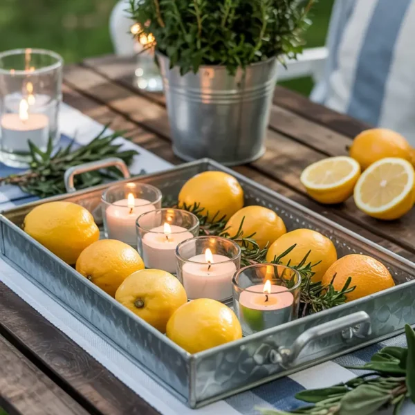 galvanized tray lemon table decor setup
