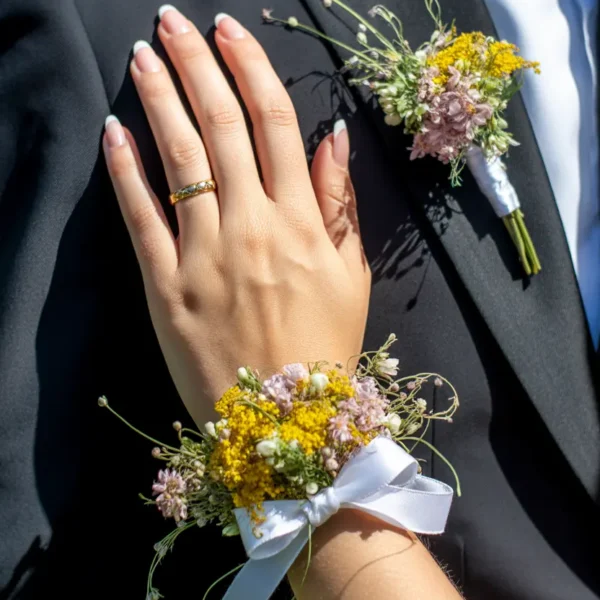 garden-style wildflower corsage with pastel blooms for wedding guests