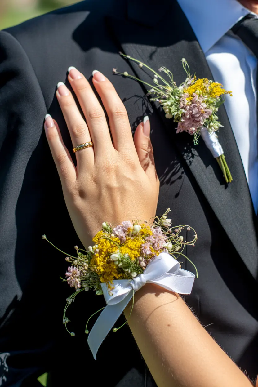 garden-style wildflower corsage with pastel blooms for wedding guests