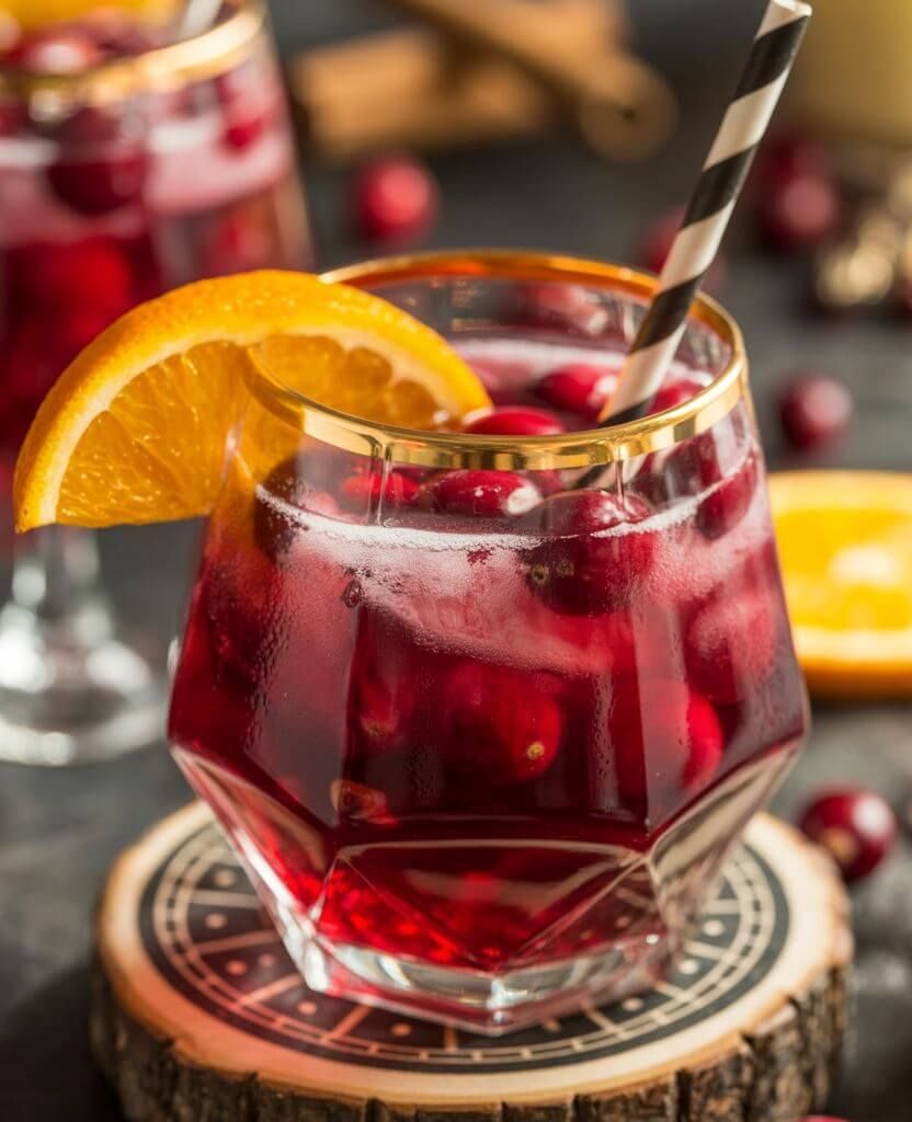 Glass of festive non-alcoholic punch with cranberries, orange slice, and striped straw – easy holiday drink recipe.
