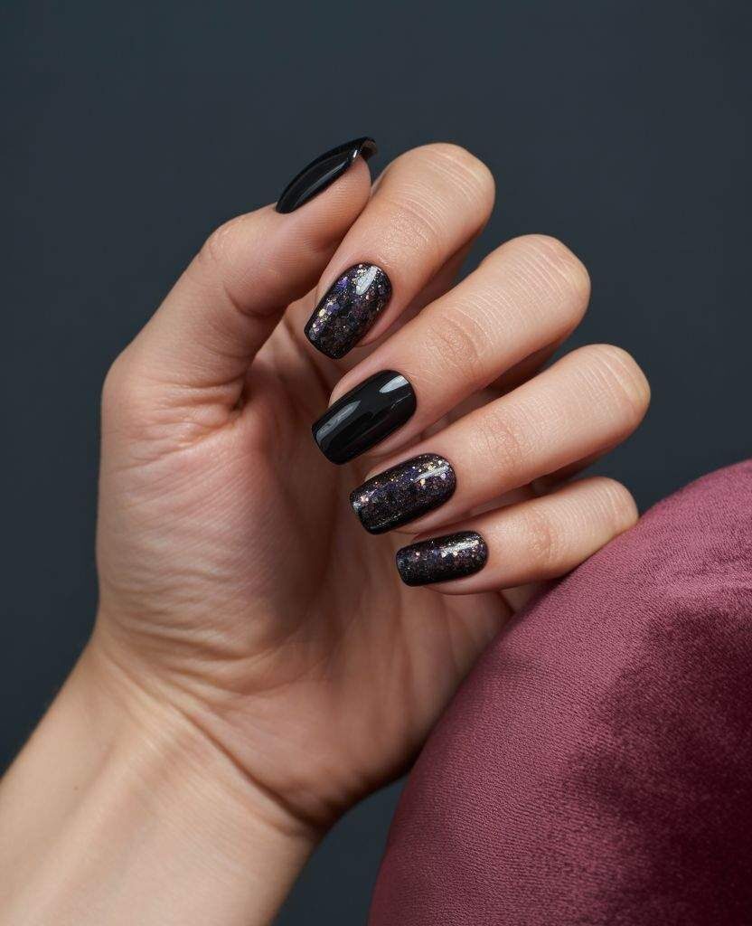 Glitter fall nails with black polish and shimmering gold and purple glitter accents – chic autumn manicure idea 2025