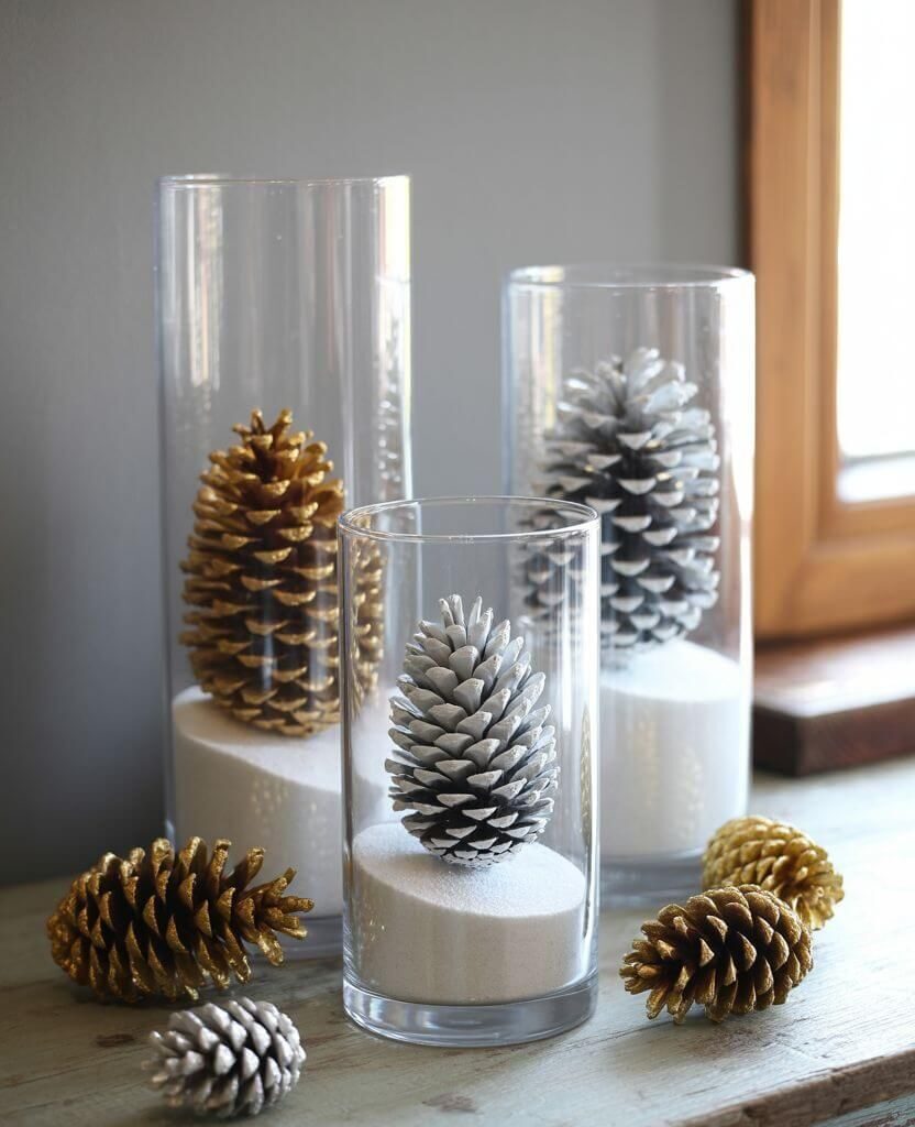 DIY holiday centerpiece with gold and silver pinecones in tall glass vases filled with white sand, perfect for Christmas table decor.