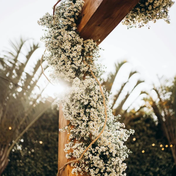 half arch wildflower wedding ceremony decoration with poppies and grasses
