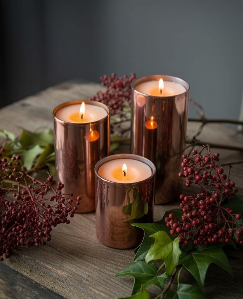 Fall centerpiece with bronze candles, red berries, and greenery for cozy Thanksgiving table decor.