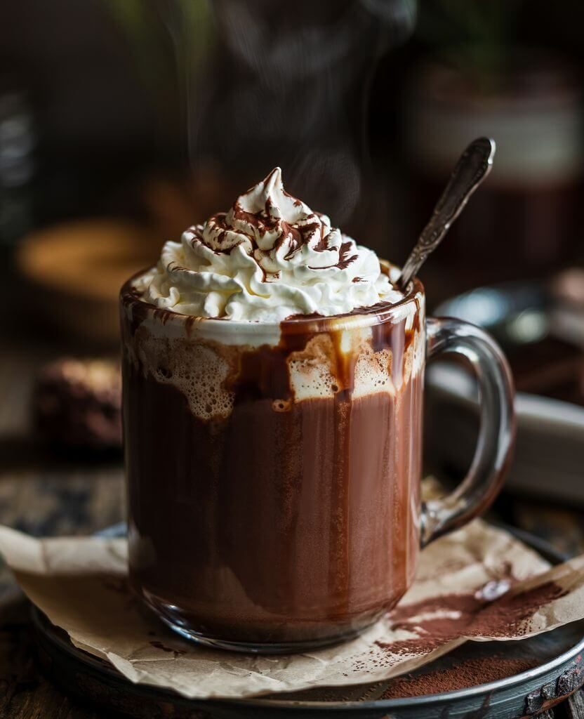 Rich homemade hot chocolate in a clear glass mug, topped with whipped cream and chocolate drizzle, cozy winter drink recipe.