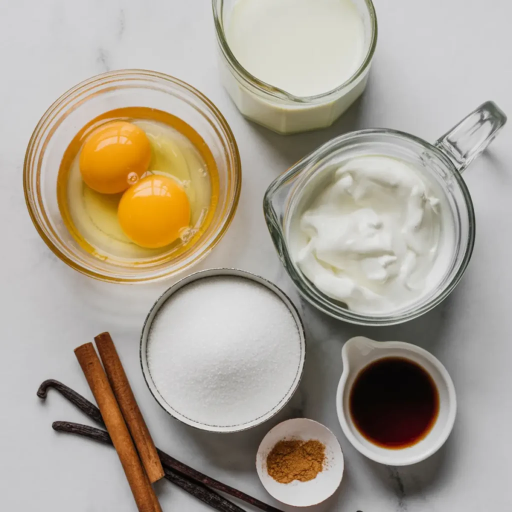 Flat lay of creamy homemade eggnog ingredients: egg yolks, sugar, cream, vanilla and cinnamon.