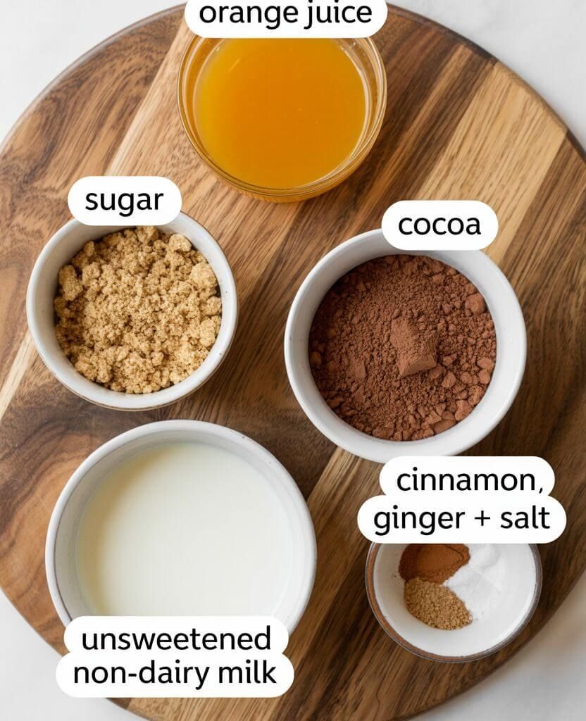 Ingredients for orange hot chocolate recipe displayed in small bowls on a wooden board – unsweetened non-dairy milk, cocoa powder, sugar, cinnamon, ginger, and salt.