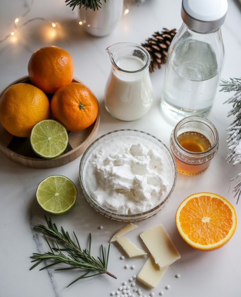 Fresh ingredients for Winter Wonderland Mocktail – oranges, lime, coconut cream, honey, sparkling water, rosemary, and white chocolate on a holiday kitchen counter.