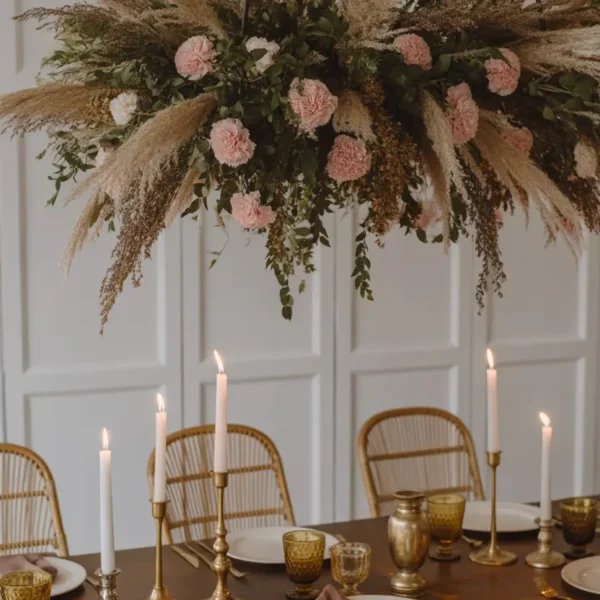 large hanging dried pampas grass installation wedding decoration