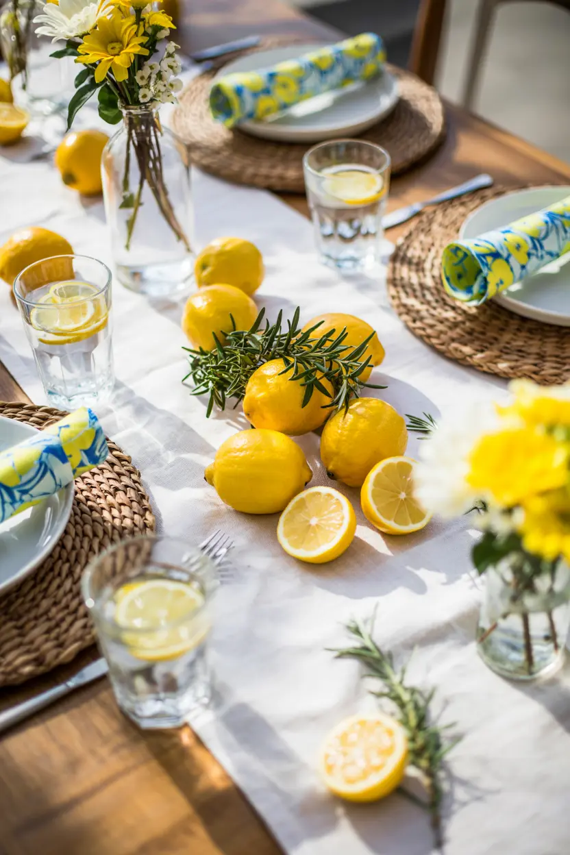 Yellow tablescape ideas: lemon and eucalyptus classic table setting