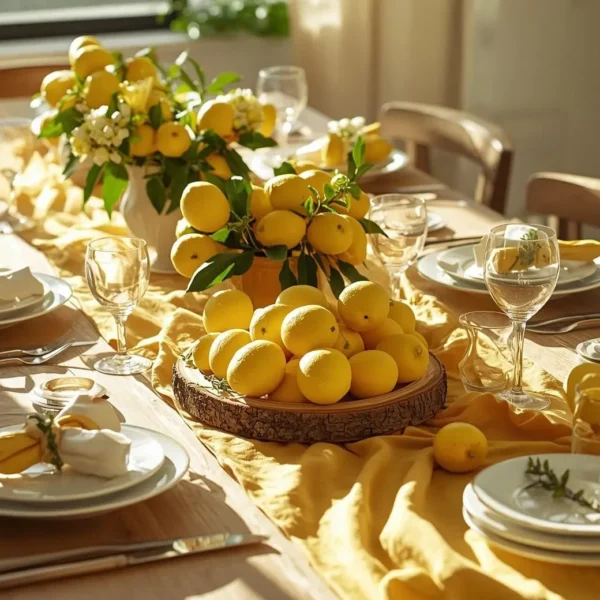 lemon table setting with centerpiece and place settings