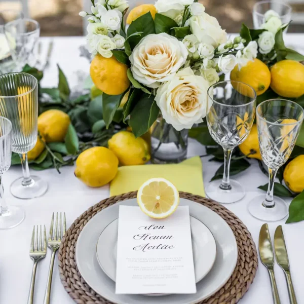 lemon wedding decor table setting with fresh lemons and white roses