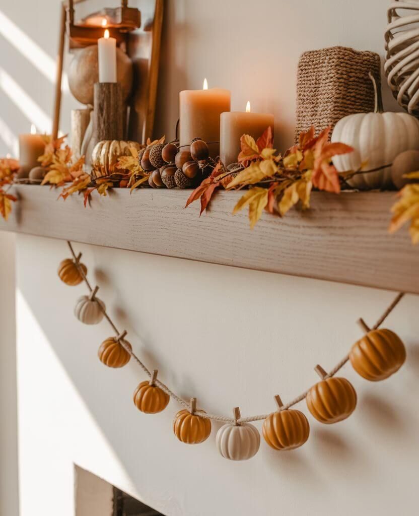 Cozy fall mantel decor with mini pumpkin garland, candles, and autumn leaves — warm Thanksgiving home styling idea.