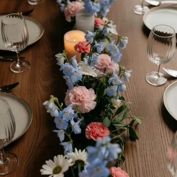 meadow table runner with mixed wildflowers and foliage for wedding reception