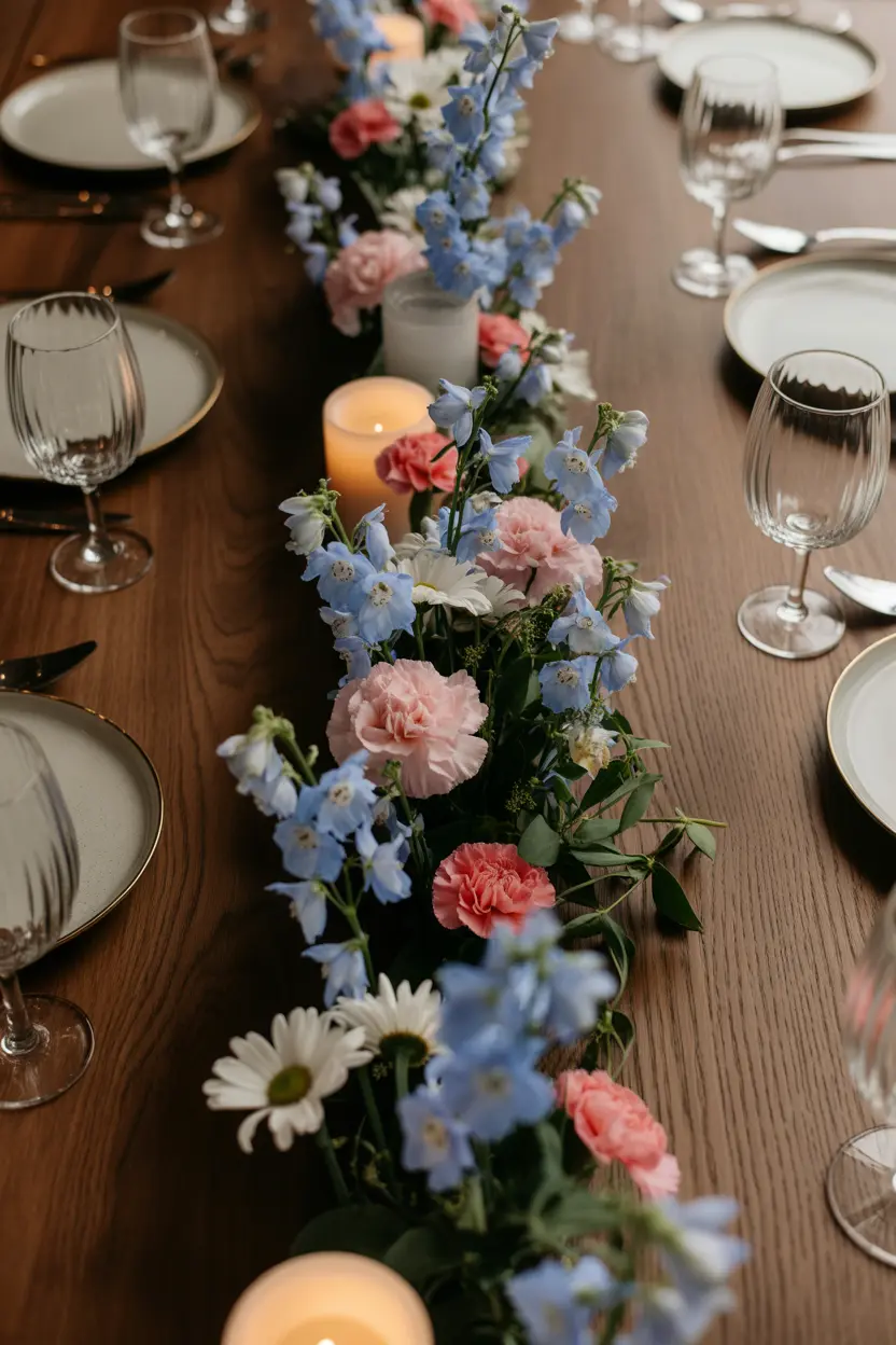 meadow table runner with mixed wildflowers and foliage for wedding reception