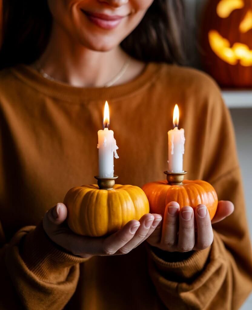 Woman holding mini pumpkin candle holders with lit white candles — cozy fall home decor idea for Thanksgiving.
