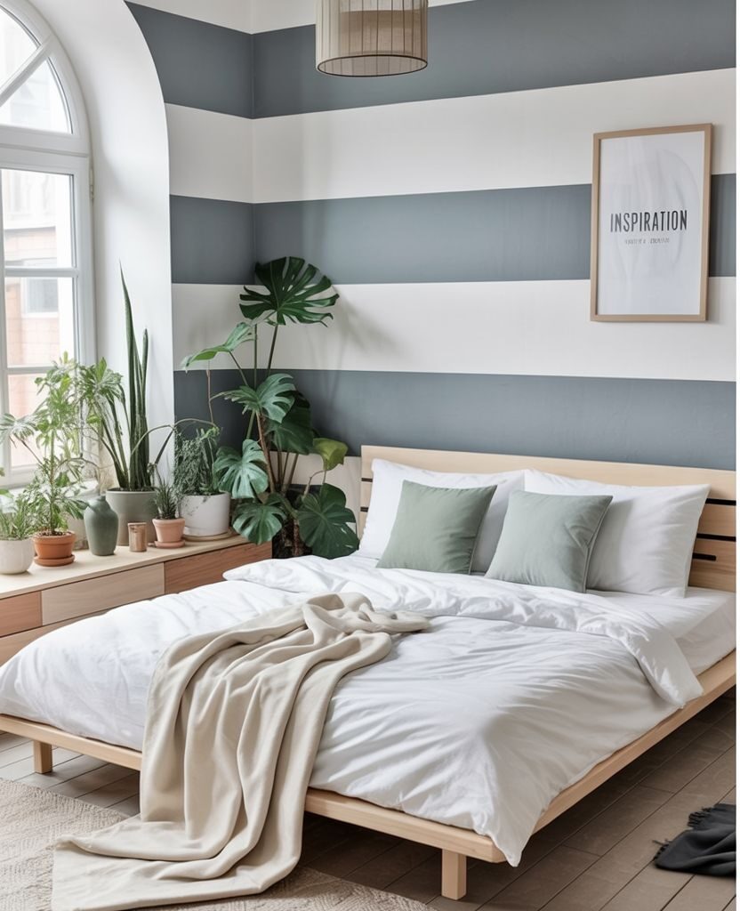 Bright modern bedroom with a light wood bed frame, white bedding, and soft green accent pillows, styled with lush indoor plants by the window. The striped grey and white accent wall adds a fresh, contemporary touch to the cozy space.