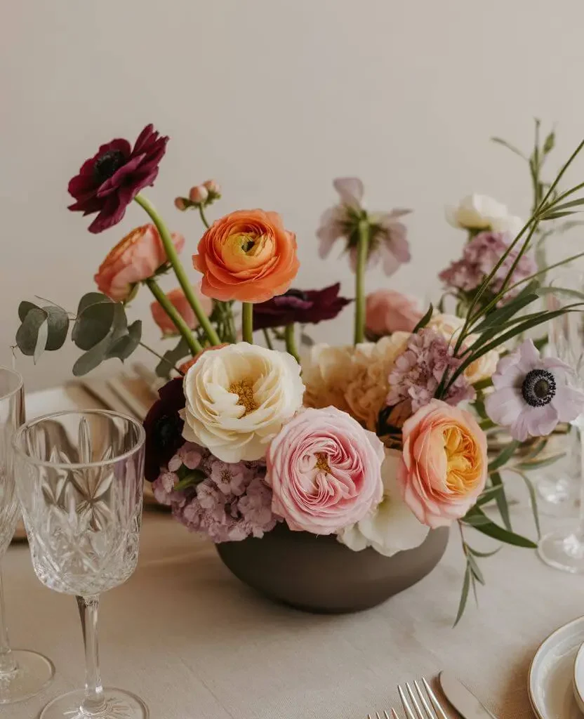 Minimalist boho wedding table decor with clean lines and single meaningful element
