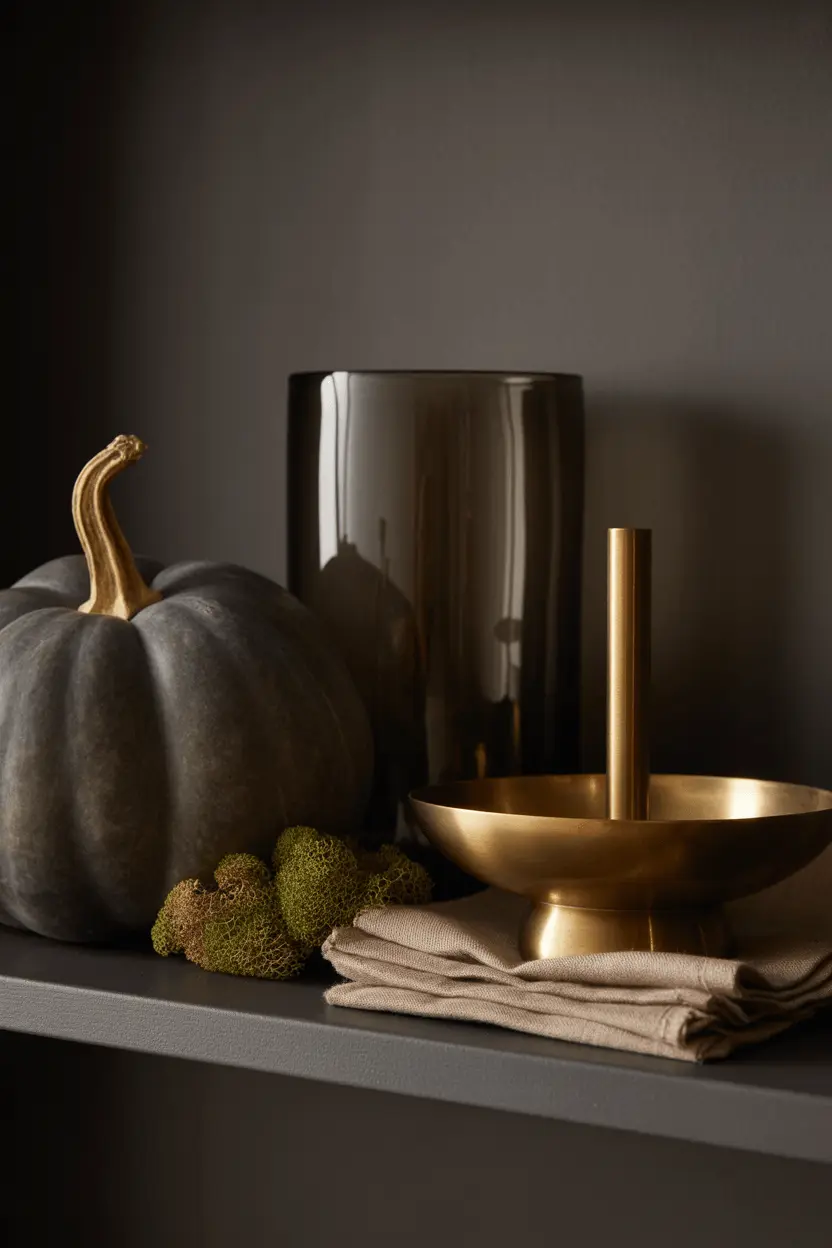 Elegant Halloween decor shelf vignette showing texture contrast and varied heights