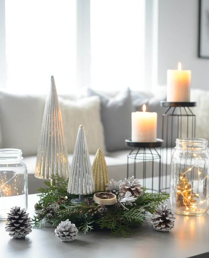 Minimalist modern Christmas coffee table styling with white and gold accents