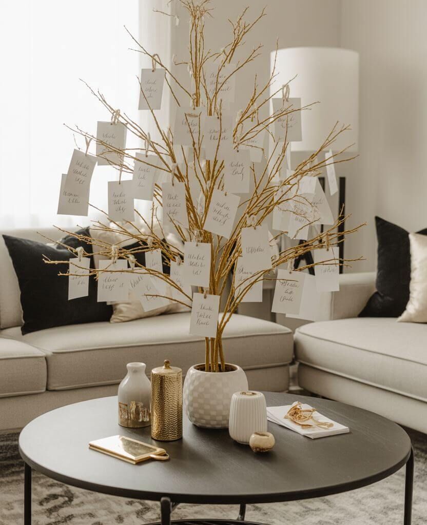 DIY Thankful Tree idea with gold-painted branches and gratitude notes — a beautiful fall Thanksgiving home decor project.