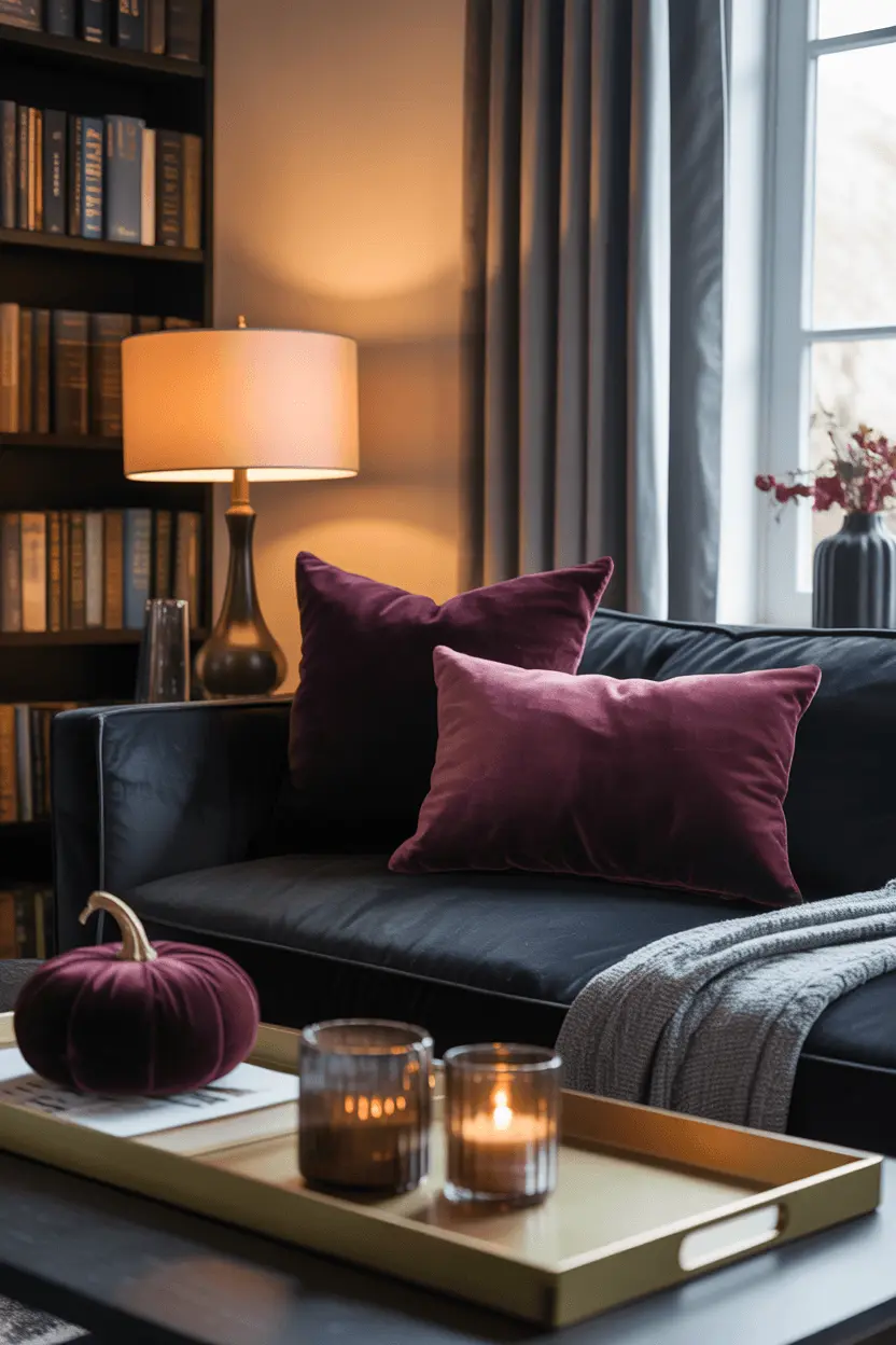 Elegant Halloween decor in a living room with plum velvet pillows and a styled coffee table tray