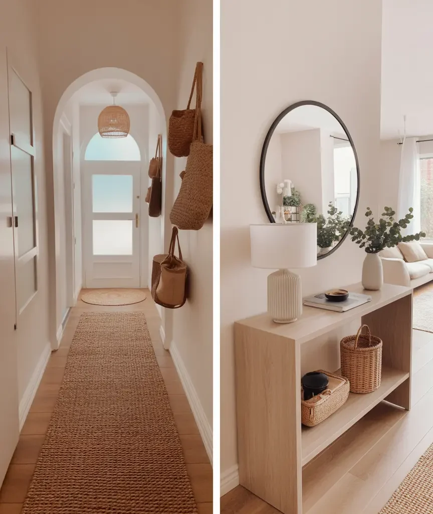 small entryway ideas with narrow hallway runner and minimalist console table