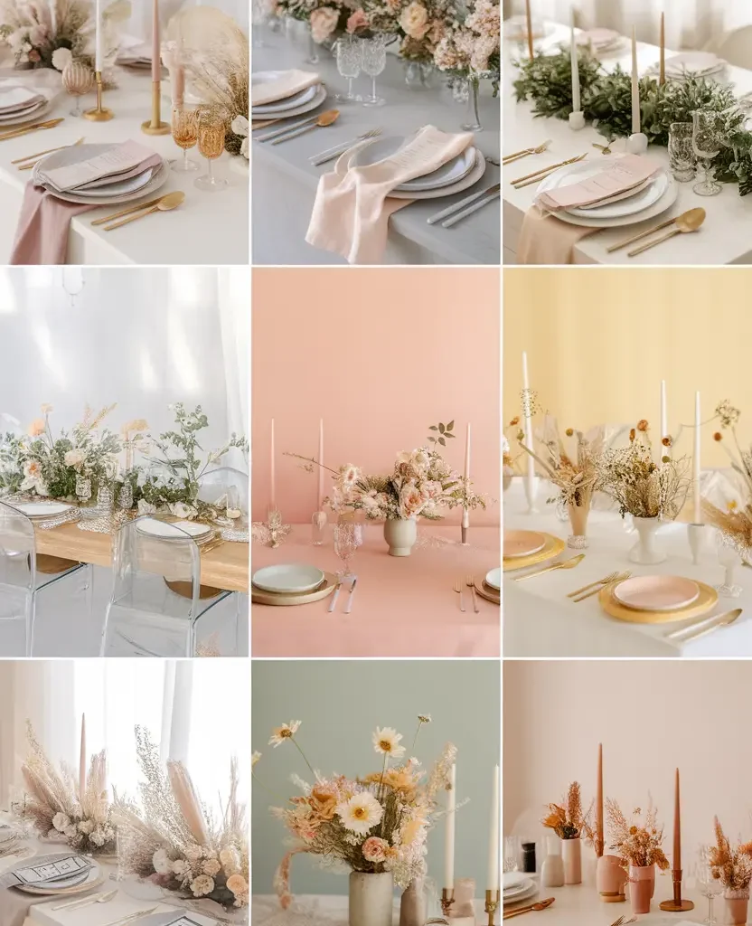 Minimal spring wedding table decor with pastel color palettes, neutral linens, and modern wedding table styling ideas.