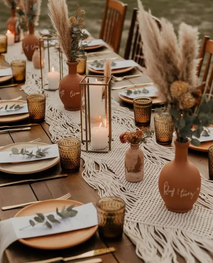 Boho wedding table textures and personal touches in candid detail