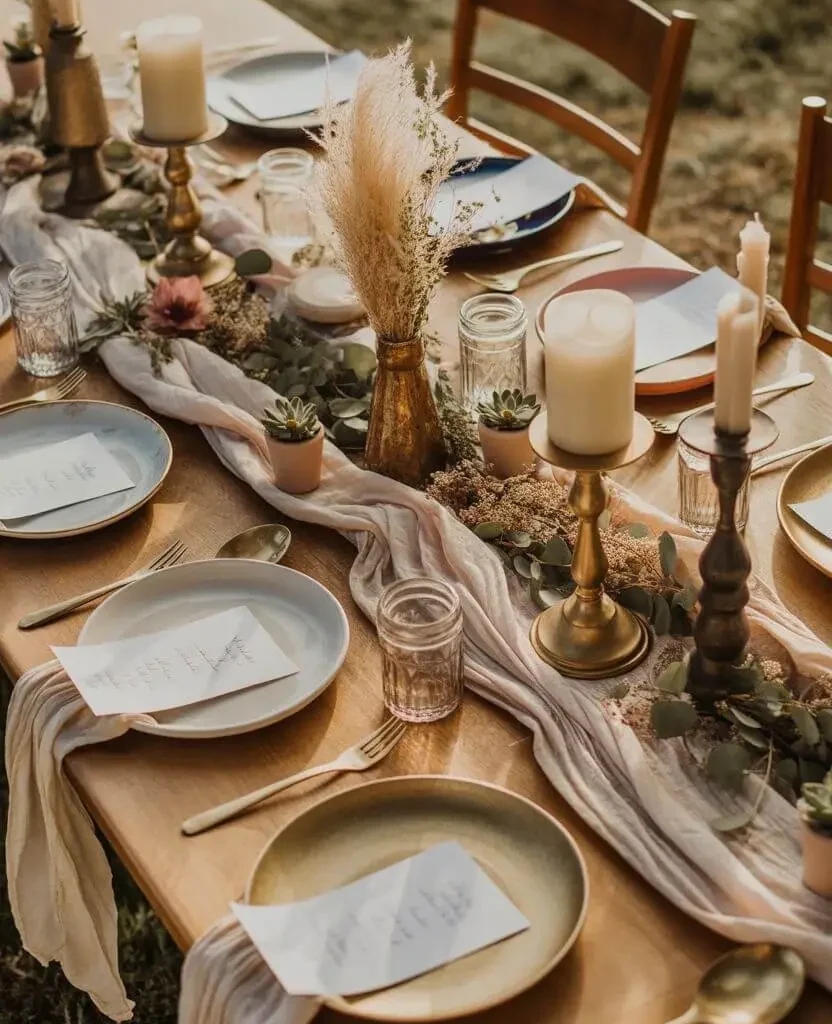 Handwritten notes and small decor elements on a boho wedding table