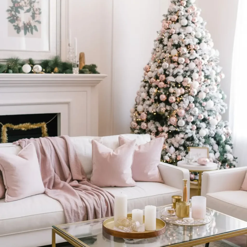 cozy Christmas decor with a flocked tree, soft pink ornaments, warm lights and a neutral living room with blush pillows and candles