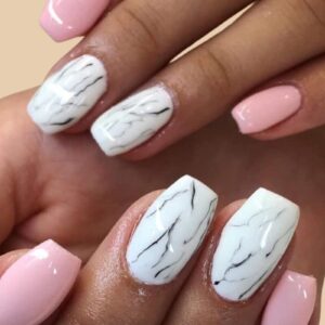 pink and white marble Christmas nails 2025