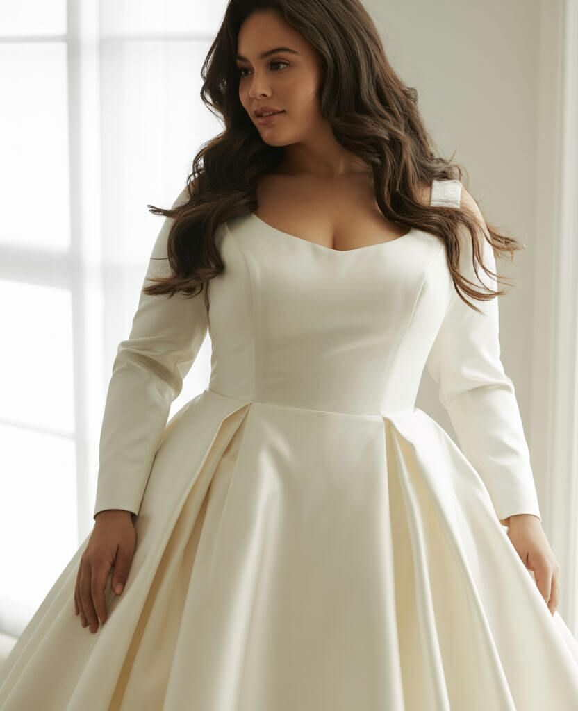 Plus size winter wedding dress in warm blush satin with structured bodice and long sleeves