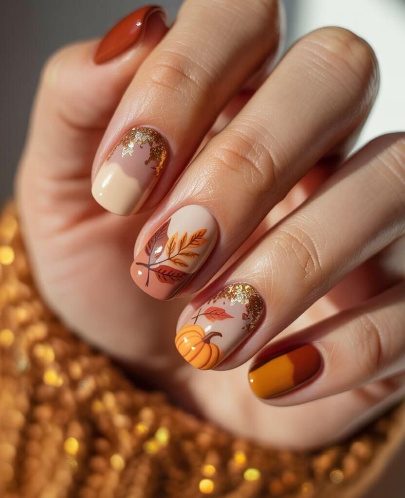 Pumpkin spice fall nails with orange, beige, and brown polish, gold foil accents, and autumn leaf and pumpkin nail art – cozy autumn manicure idea 2025