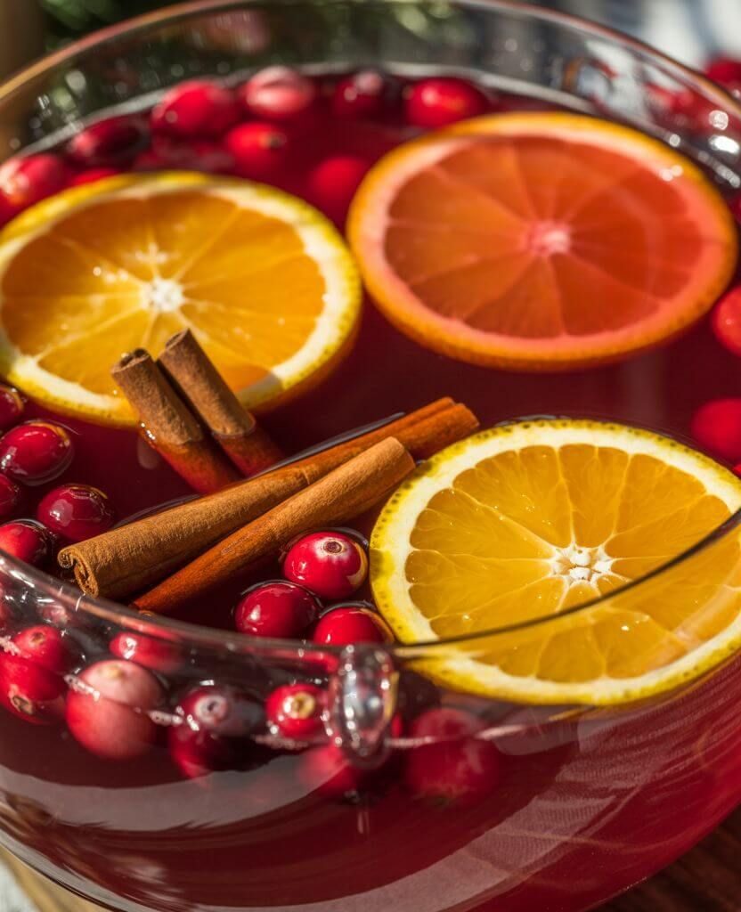 Close-up of festive holiday punch with orange slices, fresh cranberries, and cinnamon sticks in a glass bowl – cozy Christmas drink recipe.