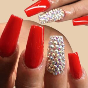 red christmas nails with rhinestone accents